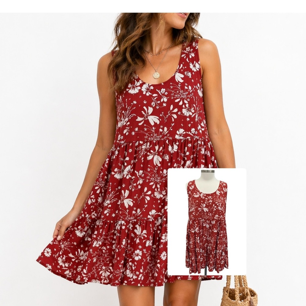 Cotton‎ Bleu Floral Sundress Sleeveless Tiered Rayon Pockets Boho Vacation M